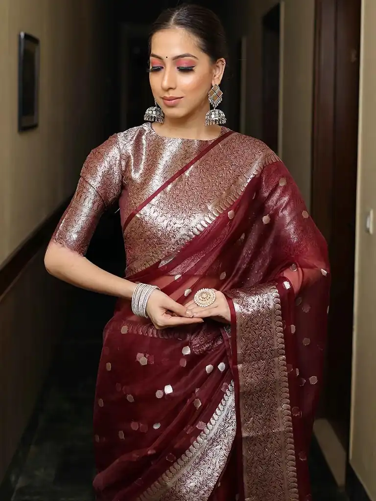 MS 440 Maroon Color Organza Jacquard Butti Worked Saree Casual, Party Wear, Wedding, Events, Etc. Expected Delivery 4-6 Working Days 1449/- | Sarees, Bollywood Sarees, Creative Sarees, Designer Sarees, Embroidered Sarees, Ethnic Saree, Modern Digital sarees, Party Wear Sarees