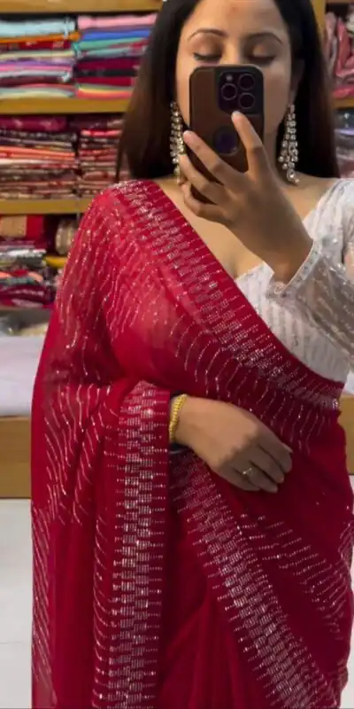DDH MEERA DAIMAND Red Color Georgette Shining Diamond Work All Over Saree Events Casual, Festive, Events Etc. Expected Delivery  4-6 Working Days @1599/- | Sarees, Bollywood Sarees, Creative Sarees, Designer Sarees, Embroidered Sarees, Ethnic Saree, Modern Digital sarees, Party Wear Sarees