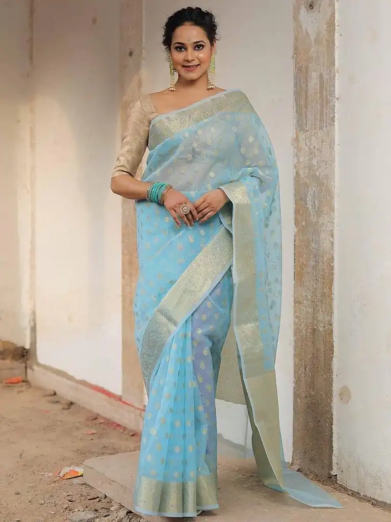 MS 440 Sky Blue Color Organza Jacquard Butti Worked Saree Casual, Party Wear, Wedding, Events, Etc. Expected Delivery 4-6 Working Days 1449/- | Sarees, Bollywood Sarees, Creative Sarees, Designer Sarees, Embroidered Sarees, Ethnic Saree, Modern Digital sarees, Party Wear Sarees