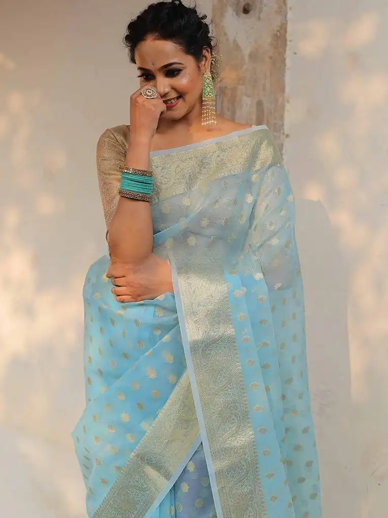 MS 440 Sky Blue Color Organza Jacquard Butti Worked Saree Casual, Party Wear, Wedding, Events, Etc. Expected Delivery 4-6 Working Days 1449/- | Sarees, Bollywood Sarees, Creative Sarees, Designer Sarees, Embroidered Sarees, Ethnic Saree, Modern Digital sarees, Party Wear Sarees