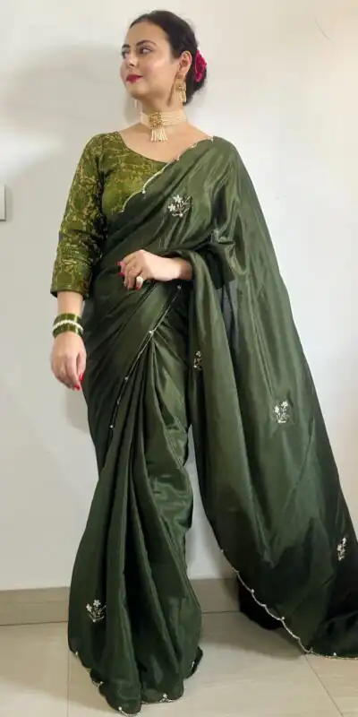   AC BEAUTY Stone Green Color Soft Chinnon Hand Work Flower Design Saree Casual, Wedding, Festive, Events Expected Delivery 4-6 Working Days @2449/- | Sarees, Bollywood Sarees, Creative Sarees, Designer Sarees, Embroidered Sarees, Ethnic Saree, Modern Digital sarees, Party Wear Sarees