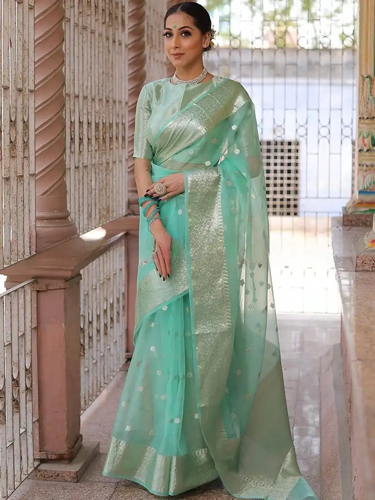 MS 440 Turquoise Color Organza Jacquard Butti Worked Saree Casual, Party Wear, Wedding, Events, Etc. Expected Delivery 4-6 Working Days 1449/- | Sarees, Bollywood Sarees, Creative Sarees, Designer Sarees, Embroidered Sarees, Ethnic Saree, Modern Digital sarees, Party Wear Sarees