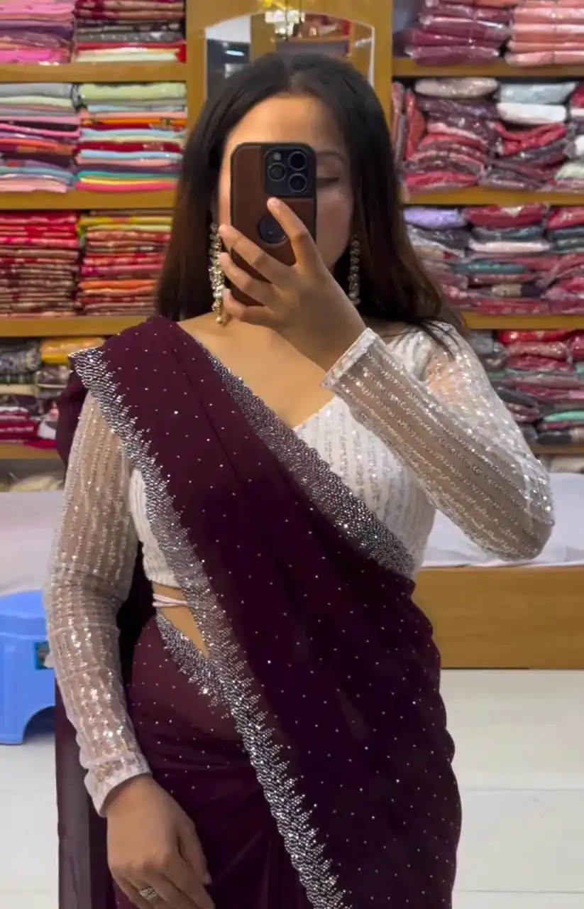 DDH MEERA DAIMAND Wine Color Georgette Shining Diamond Work All Over Saree Events Casual, Festive, Events Etc. Expected Delivery  4-6 Working Days @1599/- | Sarees, Bollywood Sarees, Creative Sarees, Designer Sarees, Embroidered Sarees, Ethnic Saree, Modern Digital sarees, Party Wear Sarees