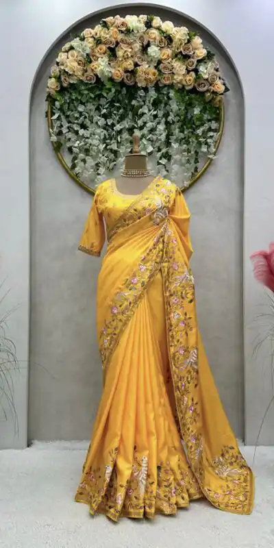 KD 476 Yellow Color Dola silk Thread Sequence Saree Casual, Party Wear, Wedding, Events Etc. Expected Delivery 4-6 Working Days @1999/- | Sarees, Bollywood Sarees, Creative Sarees, Designer Sarees, Embroidered Sarees, Ethnic Saree, Modern Digital sarees, Party Wear Sarees