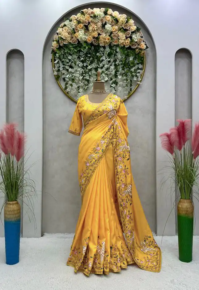 KD 476 Yellow Color Dola silk Thread Sequence Saree Casual, Party Wear, Wedding, Events Etc. Expected Delivery 4-6 Working Days @1999/- | Sarees, Bollywood Sarees, Creative Sarees, Designer Sarees, Embroidered Sarees, Ethnic Saree, Modern Digital sarees, Party Wear Sarees