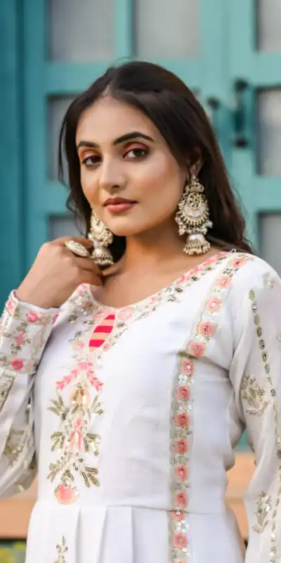 SRK 5163 White Color Chinnon Silk Embroidery Salwar Suit Wedding, Party, Festive, Events Expected Delivery 4-6 Working Days @ 2299/- | Salwar suit, Designer Suits, Casual Suits, Creative suits, Palazzo Suits, Party Wear Suits, Patiala Suits, Straight Suits