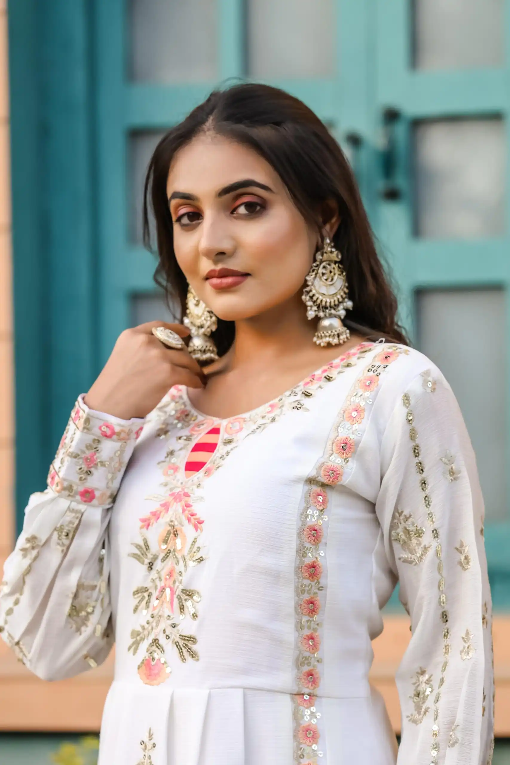 SRK 5163 White Color Chinnon Silk Embroidery Salwar Suit Wedding, Party, Festive, Events Expected Delivery 4-6 Working Days @ 2299/- | Salwar suit, Designer Suits, Casual Suits, Creative suits, Palazzo Suits, Party Wear Suits, Patiala Suits, Straight Suits