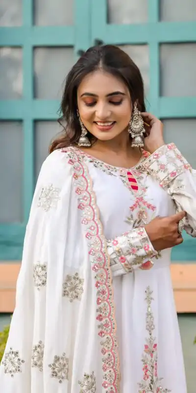 SRK 5163 White Color Chinnon Silk Embroidery Salwar Suit Wedding, Party, Festive, Events Expected Delivery 4-6 Working Days @ 2299/- | Salwar suit, Designer Suits, Casual Suits, Creative suits, Palazzo Suits, Party Wear Suits, Patiala Suits, Straight Suits