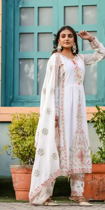 SRK 5163 White Color Chinnon Silk Embroidery Salwar Suit Wedding, Party, Festive, Events Expected Delivery 4-6 Working Days @ 2299/- | Salwar suit, Designer Suits, Casual Suits, Creative suits, Palazzo Suits, Party Wear Suits, Patiala Suits, Straight Suits