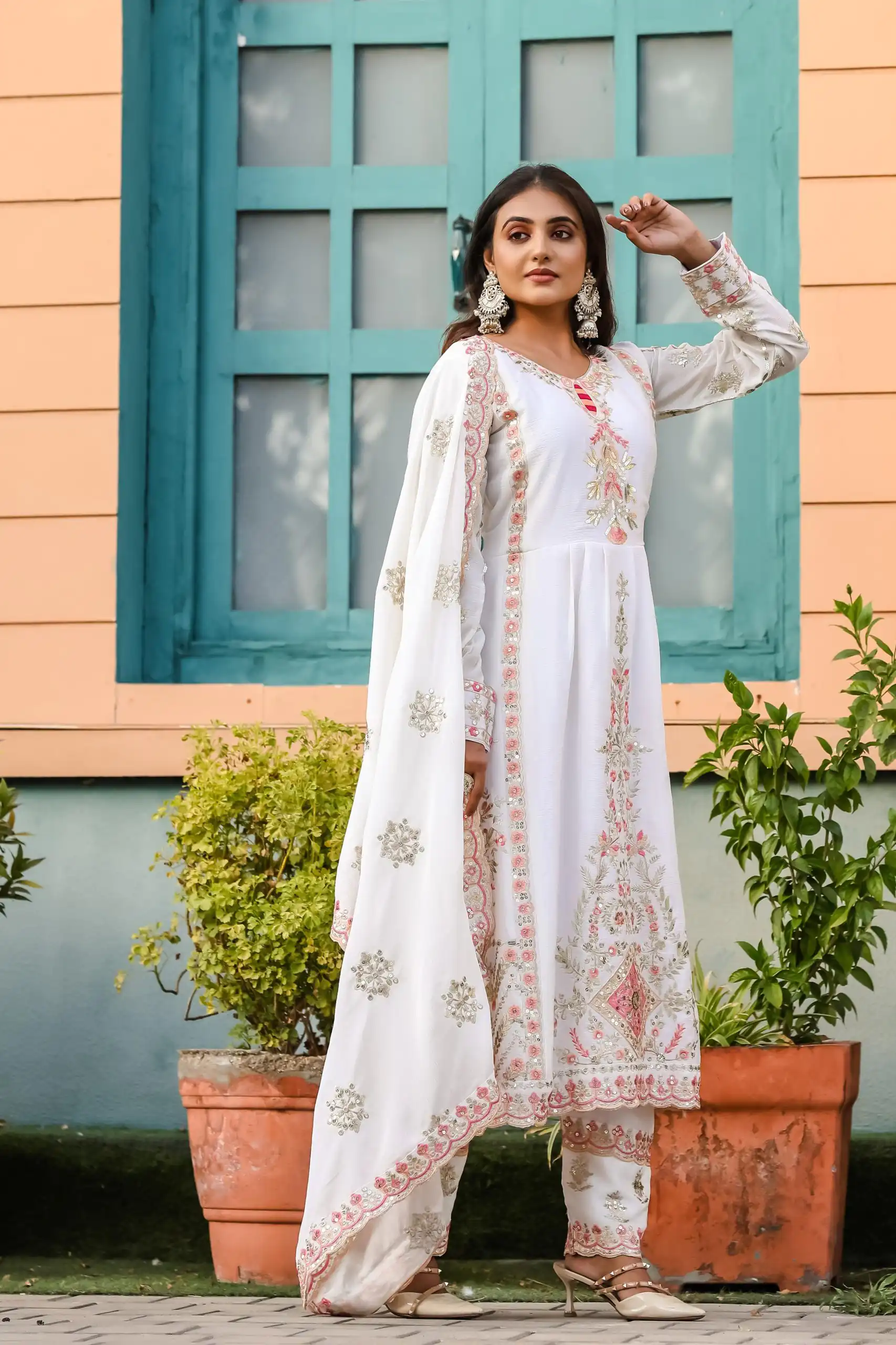 SRK 5163 White Color Chinnon Silk Embroidery Salwar Suit Wedding, Party, Festive, Events Expected Delivery 4-6 Working Days @ 2299/- | Salwar suit, Designer Suits, Casual Suits, Creative suits, Palazzo Suits, Party Wear Suits, Patiala Suits, Straight Suits