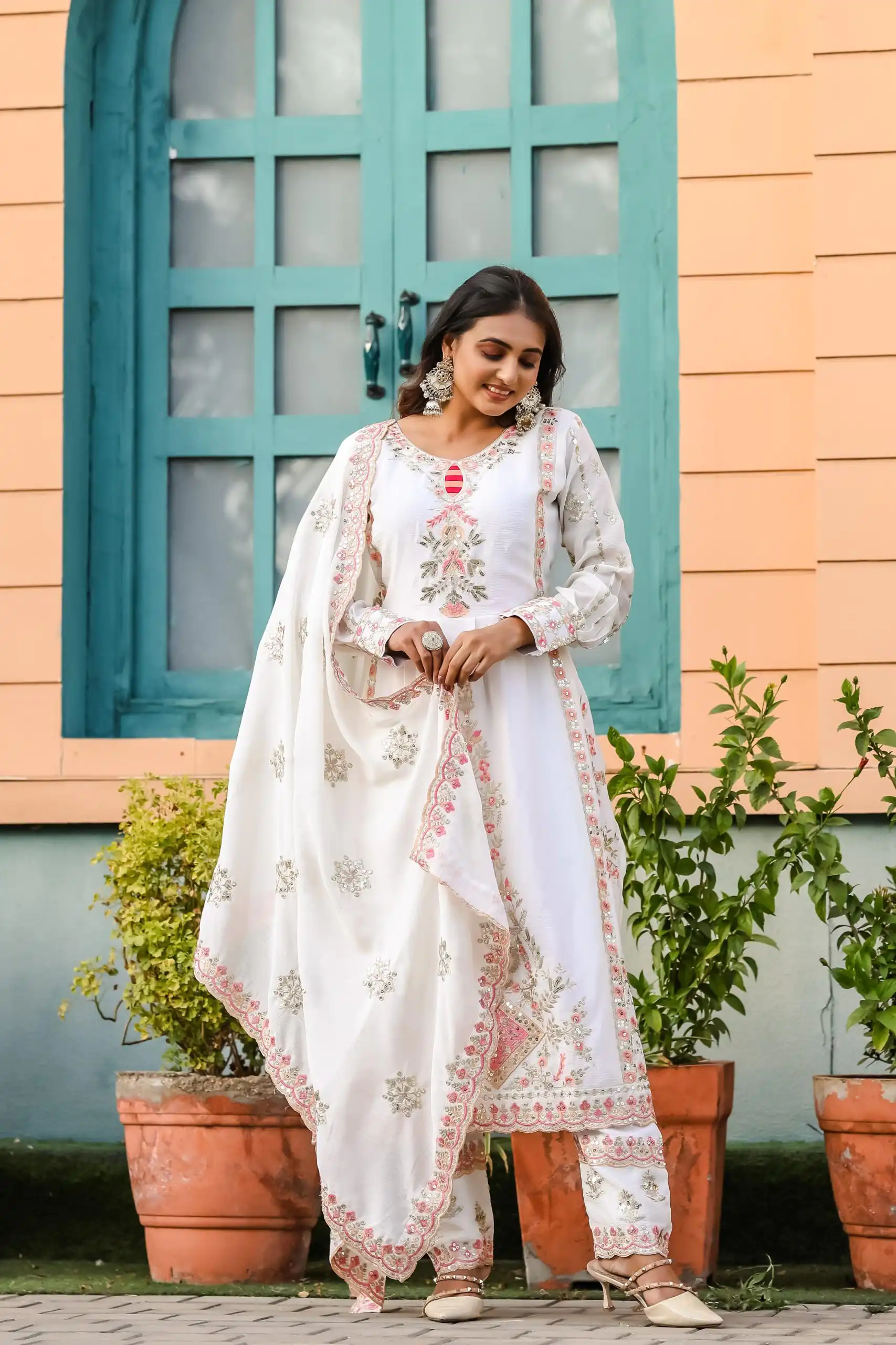 SRK 5163 White Color Chinnon Silk Embroidery Salwar Suit Wedding, Party, Festive, Events Expected Delivery 4-6 Working Days @ 2299/- | Salwar suit, Designer Suits, Casual Suits, Creative suits, Palazzo Suits, Party Wear Suits, Patiala Suits, Straight Suits