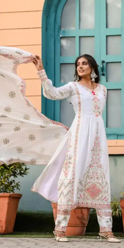 SRK 5163 White Color Chinnon Silk Embroidery Salwar Suit Wedding, Party, Festive, Events Expected Delivery 4-6 Working Days @ 2299/- | Salwar suit, Designer Suits, Casual Suits, Creative suits, Palazzo Suits, Party Wear Suits, Patiala Suits, Straight Suits