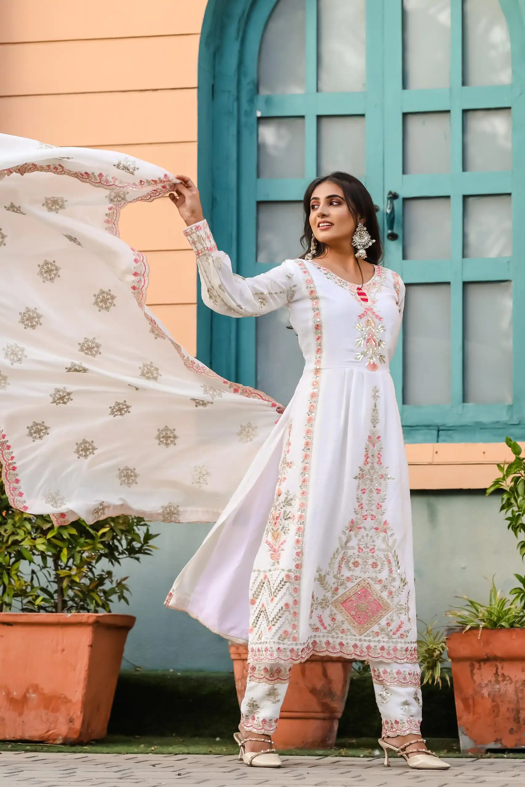 SRK 5163 White Color Chinnon Silk Embroidery Salwar Suit Wedding, Party, Festive, Events Expected Delivery 4-6 Working Days @ 2299/- | Salwar suit, Designer Suits, Casual Suits, Creative suits, Palazzo Suits, Party Wear Suits, Patiala Suits, Straight Suits