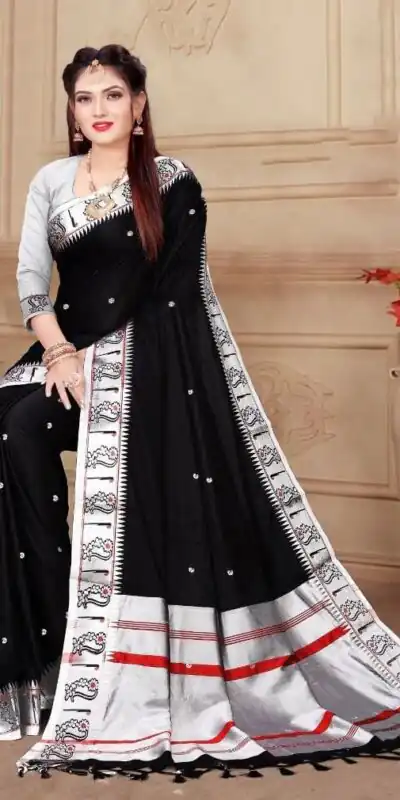 SC Plathian silk Black Color Soft Lichi Silk Silver Zari Design Saree , Party Wear, Events, Festivals Expected Delivery 4-6 Working Days 1499/- | Sarees, Bollywood Sarees, Creative Sarees, Designer Sarees, Embroidered Sarees, Ethnic Saree, Modern Digital sarees, Party Wear Sarees