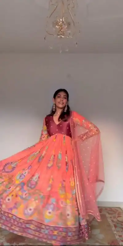 PC 379 Pink  Color Chant Crepe Kalamkari Printed Gown Casual, Party Wear, Events, Festivals Wear Etc. Expected Delivery 4-6 Working Days @1999/- | Gowns, Bollywood Gowns, Creative Gowns, Designer Gowns, Embroidered Gowns, Party Wear Gowns