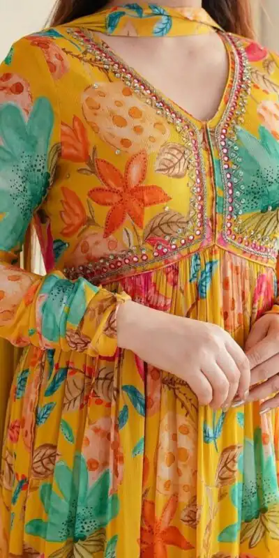 MC 1018 Yellow Color Chiffon V-Neck Gathered Midi Gown Casual, Party Wear, Wedding, Events, Festivals Wear Expected Delivery 4-6 Working Days @1899/- | Gowns, Bollywood Gowns, Creative Gowns, Designer Gowns, Embroidered Gowns, Party Wear Gowns