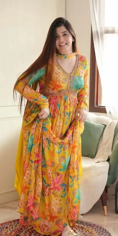 MC 1018 Yellow Color Chiffon V-Neck Gathered Midi Gown Casual, Party Wear, Wedding, Events, Festivals Wear Expected Delivery 4-6 Working Days @1899/- | Gowns, Bollywood Gowns, Creative Gowns, Designer Gowns, Embroidered Gowns, Party Wear Gowns