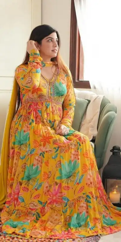 MC 1018 Yellow Color Chiffon V-Neck Gathered Midi Gown Casual, Party Wear, Wedding, Events, Festivals Wear Expected Delivery 4-6 Working Days @1899/- | Gowns, Bollywood Gowns, Creative Gowns, Designer Gowns, Embroidered Gowns, Party Wear Gowns