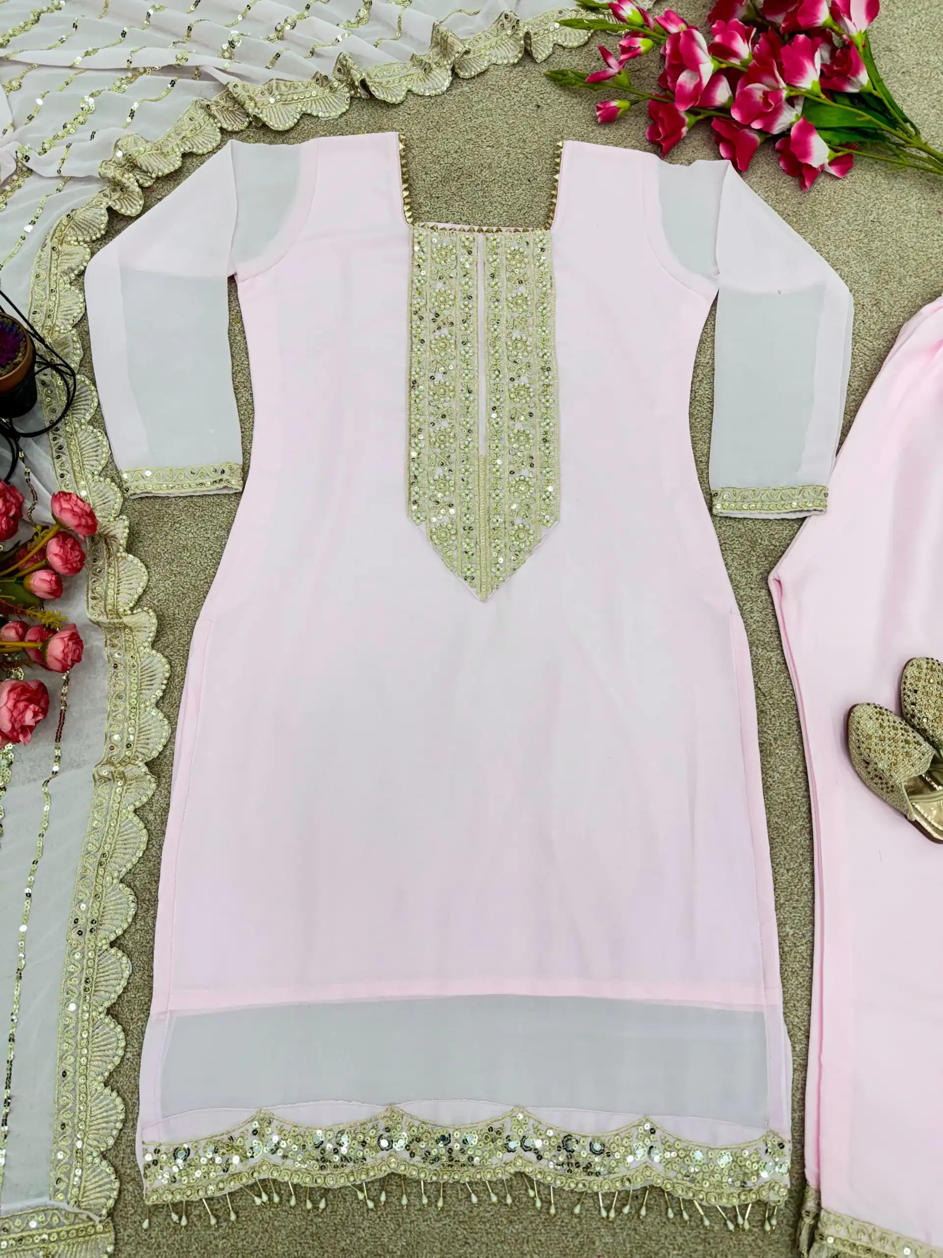 ZF 1604 Baby Pink Color Georgette Embroidery Diamond Handwork Salwar Suit Casual, Wedding, Party, Events Etc. Expected Delivery 4-6 Working Days 1949/- | Jump Suits, Salwar suit, Designer Suits, Casual Suits, Creative suits, Palazzo Suits, Party Wear Suits, Patiala Suits, Straight Suits