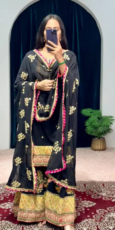 ST 1050 Black Color Georgette Embroidery Stone & Mirror Salwar Suit Casual, Wedding, Party, Festive, Events Etc. Expected Delivery 4-6 Working Days @2199/- | Jump Suits, Salwar suit, Designer Suits, Casual Suits, Creative suits, Palazzo Suits, Party Wear Suits, Patiala Suits, Straight Suits