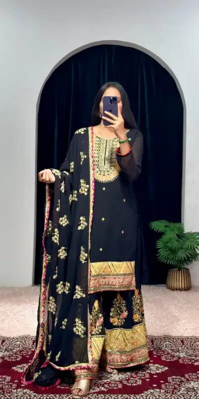ST 1050 Black Color Georgette Embroidery Stone & Mirror Salwar Suit Casual, Wedding, Party, Festive, Events Etc. Expected Delivery 4-6 Working Days @2199/- | Jump Suits, Salwar suit, Designer Suits, Casual Suits, Creative suits, Palazzo Suits, Party Wear Suits, Patiala Suits, Straight Suits