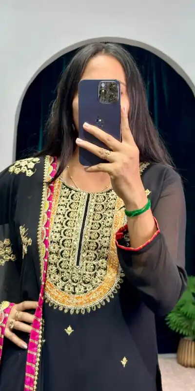 ST 1050 Black Color Georgette Embroidery Stone & Mirror Salwar Suit Casual, Wedding, Party, Festive, Events Etc. Expected Delivery 4-6 Working Days @2199/- | Jump Suits, Salwar suit, Designer Suits, Casual Suits, Creative suits, Palazzo Suits, Party Wear Suits, Patiala Suits, Straight Suits