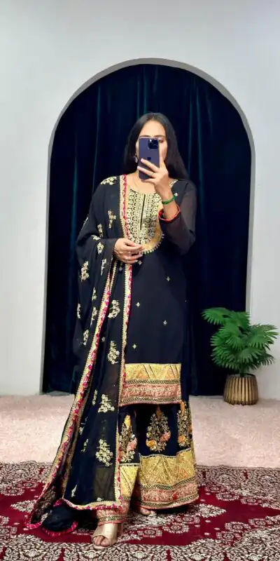 ST 1050 Black Color Georgette Embroidery Stone & Mirror Salwar Suit Casual, Wedding, Party, Festive, Events Etc. Expected Delivery 4-6 Working Days @2199/- | Jump Suits, Salwar suit, Designer Suits, Casual Suits, Creative suits, Palazzo Suits, Party Wear Suits, Patiala Suits, Straight Suits