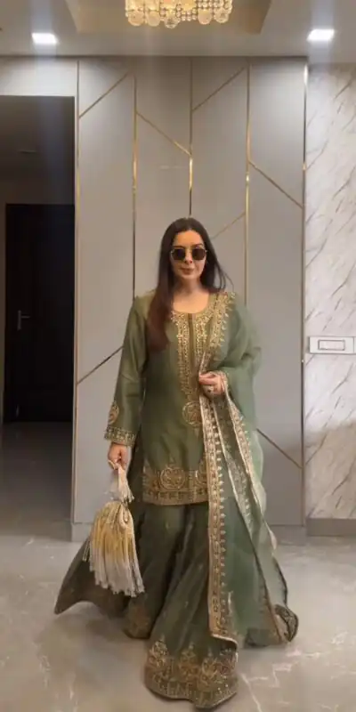 ZF 375 Green Color Chinnon Silk Embroidery Sequence Salwar Suit Casual, Wedding, Party, Events Etc. Expected Delivery 4-6 Working Days 2099/- | Jump Suits, Salwar suit, Designer Suits, Casual Suits, Creative suits, Palazzo Suits, Party Wear Suits, Patiala Suits, Straight Suits