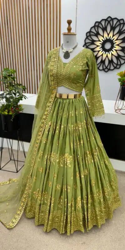 ZSR 3067 Green Color Georgette Embroidery Sequence Lehenga Choli Wedding, Party, Events Etc. Expected Delivery 4-6 Working Days 2149/- | Lehenga, Bollywood Lehenga, Creative Lehenga, Designer Lehenga, Embroidered Lehenga, Party Wear Lehenga