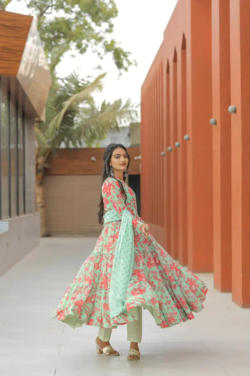 NF 1121 Green color Georgette Material Digital Printed Anarkali Suit Casual, Wedding, Party, Festive, Events . Expected Delivery  4-6 Working Days @2099 | Anarkali Suits, Bollywood Anarkali, Creative-Anarkali, Designer Anarkali, Embroidered Anarkali, Party Wear Anarkali