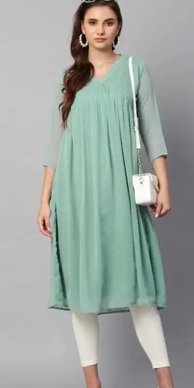 MC 1020 Light Green Color Chiffon V-Neck Gathered Midi Kurti Casual, Party Wear, Wedding, Events, Festivals Wear Expected Delivery 4-6 Working Days @1399/- | Kurti, Bollywood Kurti, Creative Kurtis, Designer Kurti, Party Wear Kurti, Selfie Kurti