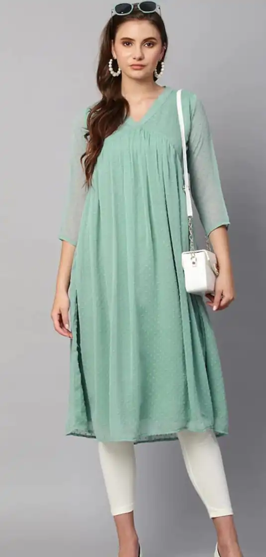 MC 1020 Light Green Color Chiffon V-Neck Gathered Midi Kurti Casual, Party Wear, Wedding, Events, Festivals Wear Expected Delivery 4-6 Working Days @1399/- | Kurti, Bollywood Kurti, Creative Kurtis, Designer Kurti, Party Wear Kurti, Selfie Kurti