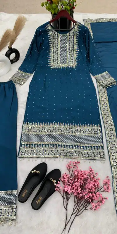 ZF 371 Peacock Blue Color Chinnon Silk Embroidery Salwar Suit Casual, Wedding, Party, Events Etc. Expected Delivery 4-6 Working Days 2099/- | Jump Suits, Salwar suit, Designer Suits, Casual Suits, Creative suits, Palazzo Suits, Party Wear Suits, Patiala Suits, Straight Suits