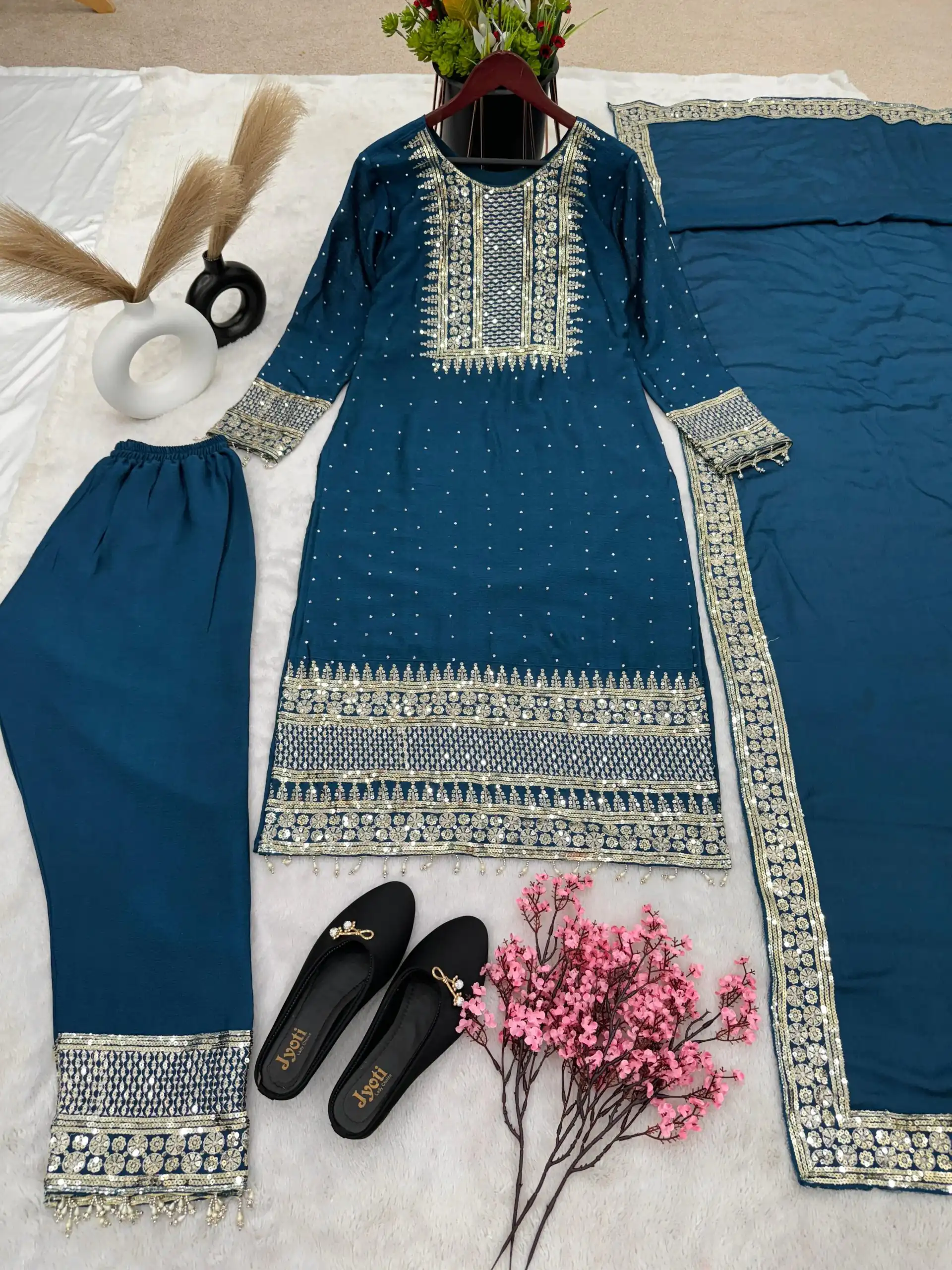 ZF 371 Peacock Blue Color Chinnon Silk Embroidery Salwar Suit Casual, Wedding, Party, Events Etc. Expected Delivery 4-6 Working Days 2099/- | Jump Suits, Salwar suit, Designer Suits, Casual Suits, Creative suits, Palazzo Suits, Party Wear Suits, Patiala Suits, Straight Suits