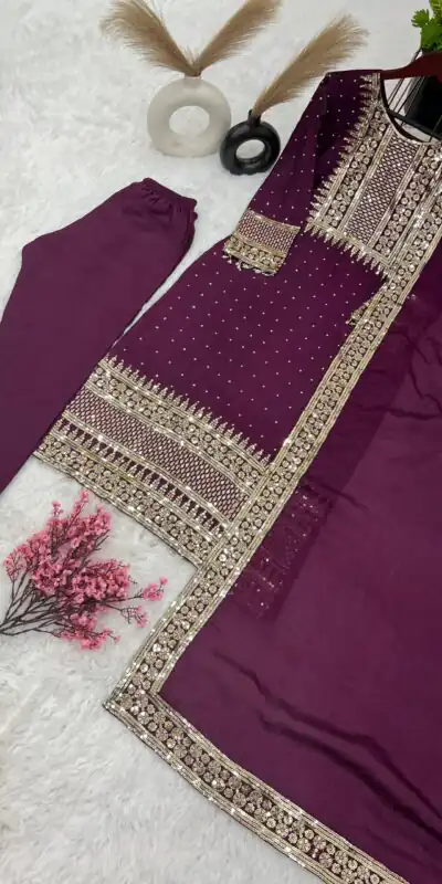 ZF 371 Purple Color Chinnon Silk Embroidery Salwar Suit Casual, Wedding, Party, Events Etc. Expected Delivery 4-6 Working Days 2099/- | Jump Suits, Salwar suit, Designer Suits, Casual Suits, Creative suits, Palazzo Suits, Party Wear Suits, Patiala Suits, Straight Suits