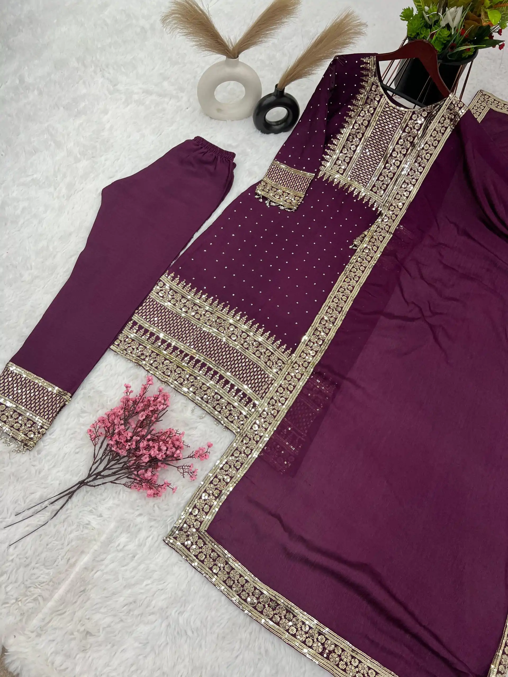 ZF 371 Purple Color Chinnon Silk Embroidery Salwar Suit Casual, Wedding, Party, Events Etc. Expected Delivery 4-6 Working Days 2099/- | Jump Suits, Salwar suit, Designer Suits, Casual Suits, Creative suits, Palazzo Suits, Party Wear Suits, Patiala Suits, Straight Suits