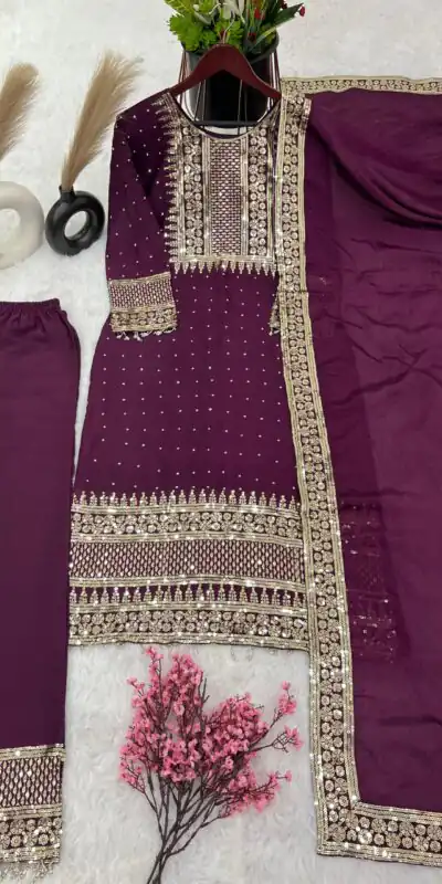 ZF 371 Purple Color Chinnon Silk Embroidery Salwar Suit Casual, Wedding, Party, Events Etc. Expected Delivery 4-6 Working Days 2099/- | Jump Suits, Salwar suit, Designer Suits, Casual Suits, Creative suits, Palazzo Suits, Party Wear Suits, Patiala Suits, Straight Suits