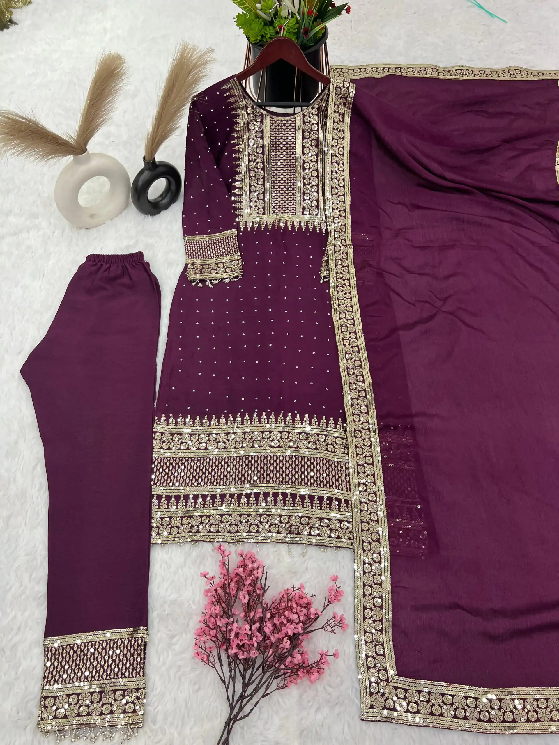 ZF 371 Purple Color Chinnon Silk Embroidery Salwar Suit Casual, Wedding, Party, Events Etc. Expected Delivery 4-6 Working Days 2099/- | Jump Suits, Salwar suit, Designer Suits, Casual Suits, Creative suits, Palazzo Suits, Party Wear Suits, Patiala Suits, Straight Suits