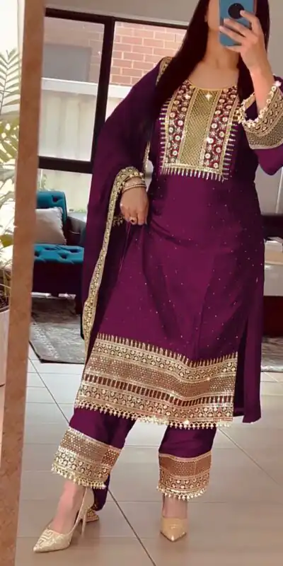 ZF 371 Purple Color Chinnon Silk Embroidery Salwar Suit Casual, Wedding, Party, Events Etc. Expected Delivery 4-6 Working Days 2099/- | Jump Suits, Salwar suit, Designer Suits, Casual Suits, Creative suits, Palazzo Suits, Party Wear Suits, Patiala Suits, Straight Suits