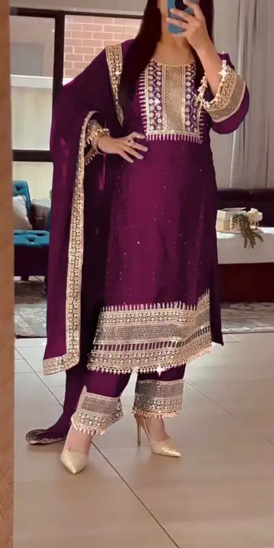 ZF 371 Purple Color Chinnon Silk Embroidery Salwar Suit Casual, Wedding, Party, Events Etc. Expected Delivery 4-6 Working Days 2099/- | Jump Suits, Salwar suit, Designer Suits, Casual Suits, Creative suits, Palazzo Suits, Party Wear Suits, Patiala Suits, Straight Suits