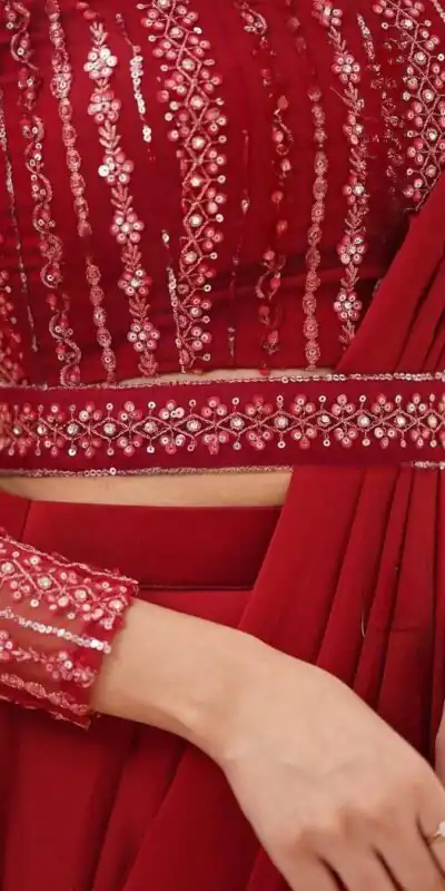 BE 225 Red Color Georgette Ruffle Blouse Embroidery Lehenga Saree Wedding, Party, Festive events, etc. Expected Delivery 4-6 Working Days @1999/- | Lehenga, Bollywood Lehenga, Creative Lehenga, Designer Lehenga, Embroidered Lehenga, Party Wear Lehenga