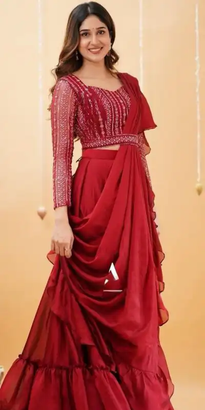 BE 225 Red Color Georgette Ruffle Blouse Embroidery Lehenga Saree Wedding, Party, Festive events, etc.  Expected Delivery  4-6 Working Days @1999/- | Lehenga, Bollywood Lehenga, Creative Lehenga, Designer Lehenga, Embroidered Lehenga, Party Wear Lehenga