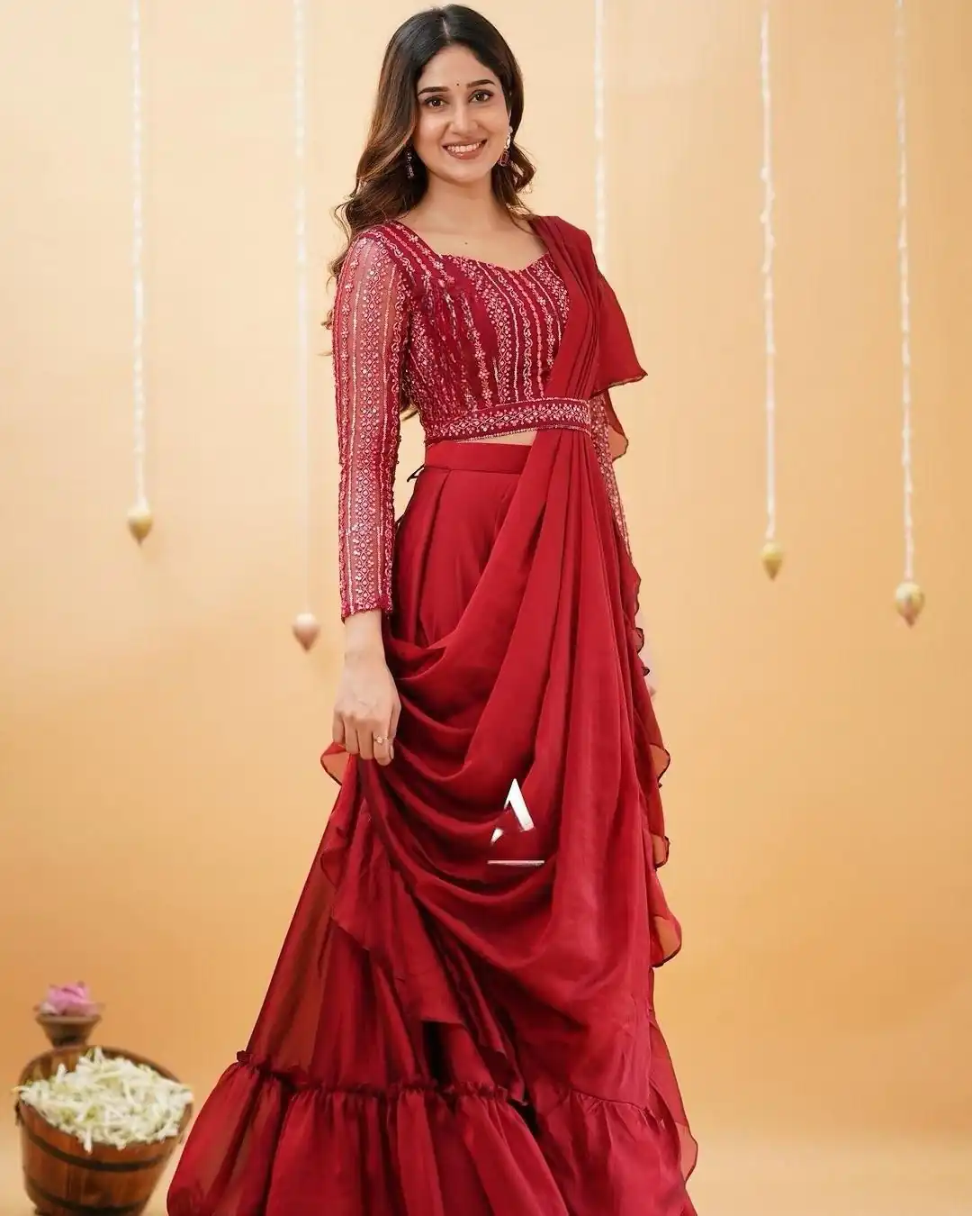 BE 225 Red Color Georgette Ruffle Blouse Embroidery Lehenga Saree Wedding, Party, Festive events, etc.  Expected Delivery  4-6 Working Days @1999/- | Lehenga, Bollywood Lehenga, Creative Lehenga, Designer Lehenga, Embroidered Lehenga, Party Wear Lehenga