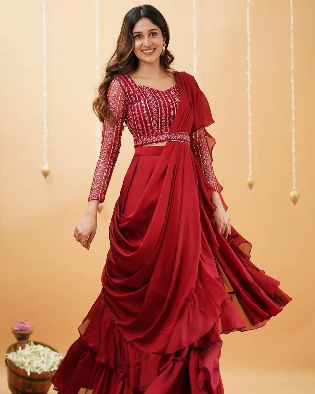 BE 225 Red Color Georgette Ruffle Blouse Embroidery Lehenga Saree Wedding, Party, Festive events, etc.  Expected Delivery  4-6 Working Days @1999/- | Lehenga, Bollywood Lehenga, Creative Lehenga, Designer Lehenga, Embroidered Lehenga, Party Wear Lehenga