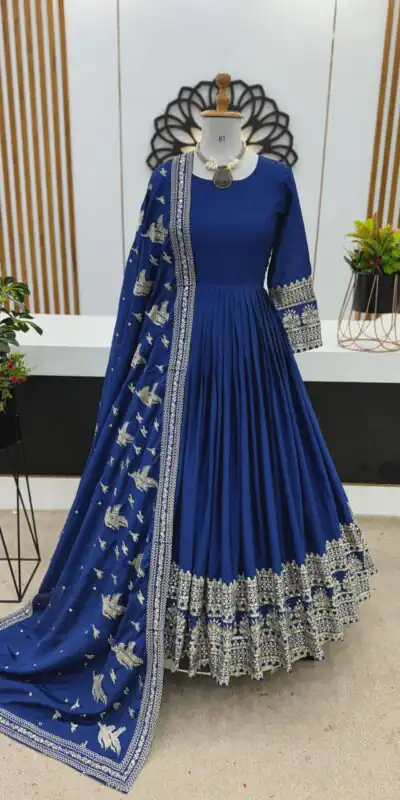 ZSR 3069 Royal Blue Color Chinon Silk Embroidery Sequence Gown Casual, Wedding, Party, Festive, Events Etc. Expected Delivery 4-6 Working Days 2049/- | Gowns, Bollywood Gowns, Creative Gowns, Designer Gowns, Embroidered Gowns, Party Wear Gowns