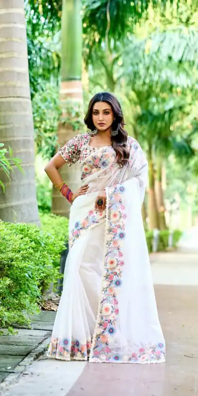 BT 3086 White Color Organza Silk Embroidery Thread Work Saree Events Casual, Wedding, Festive, Events Etc. Expected Delivery  4-6 Working Days @1999/- | Sarees, Bollywood Sarees, Creative Sarees, Designer Sarees, Embroidered Sarees, Ethnic Saree, Modern Digital sarees, Party Wear Sarees
