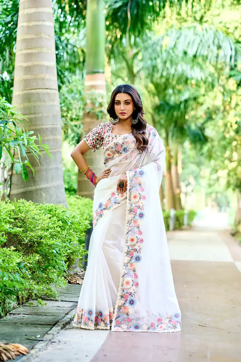 BT 3086 White Color Organza Silk Embroidery Thread Work Saree Events Casual, Wedding, Festive, Events Etc. Expected Delivery  4-6 Working Days @1999/- | Sarees, Bollywood Sarees, Creative Sarees, Designer Sarees, Embroidered Sarees, Ethnic Saree, Modern Digital sarees, Party Wear Sarees