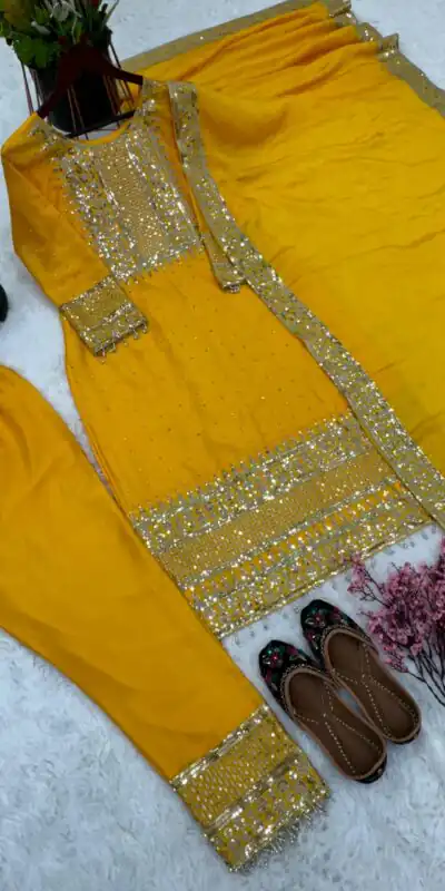 ZF 371 Yellow Color Chinnon Silk Embroidery Salwar Suit Casual, Wedding, Party, Events Etc. Expected Delivery 4-6 Working Days 2099/- | Jump Suits, Salwar suit, Designer Suits, Casual Suits, Creative suits, Palazzo Suits, Party Wear Suits, Patiala Suits, Straight Suits