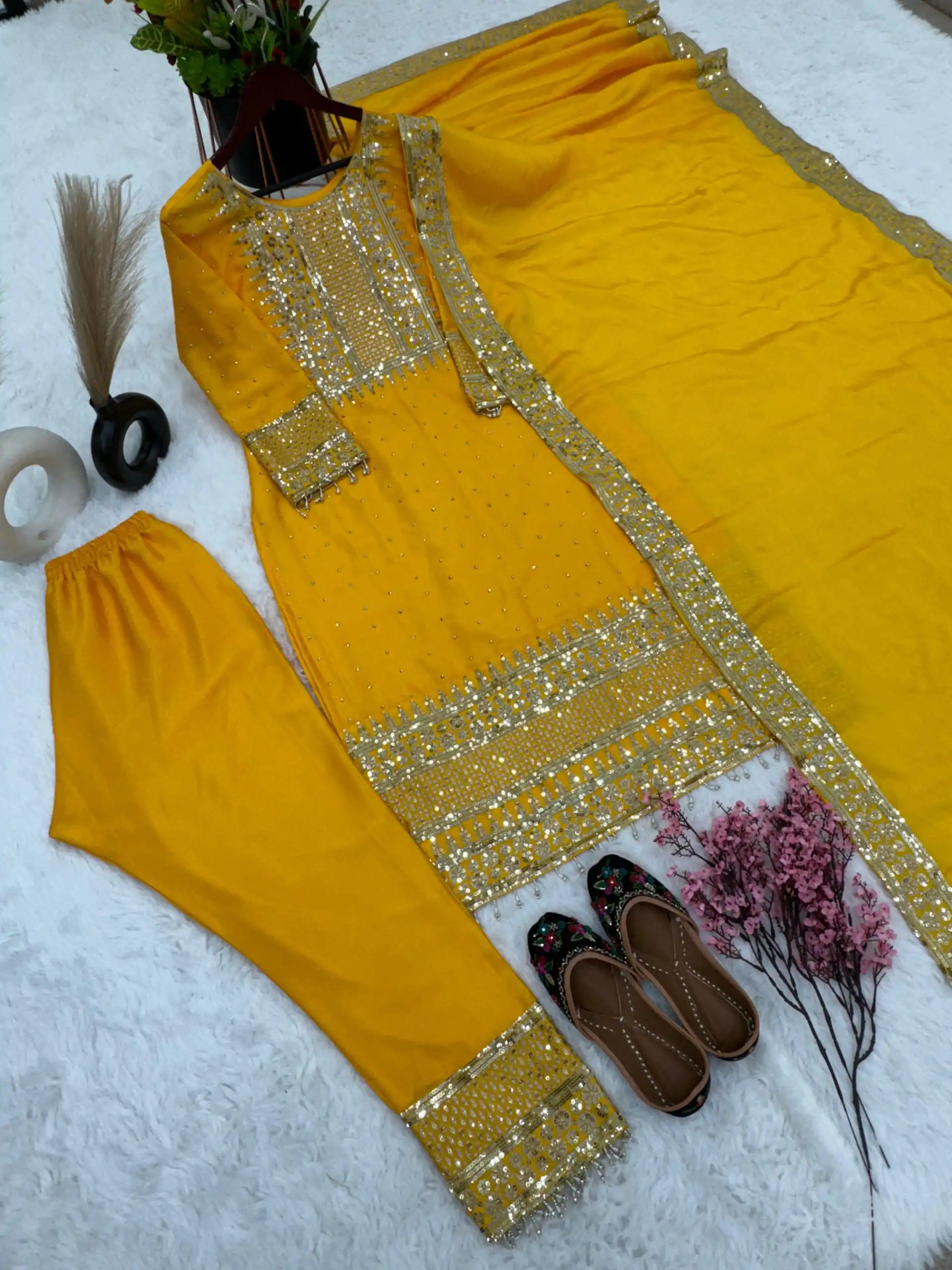ZF 371 Yellow Color Chinnon Silk Embroidery Salwar Suit Casual, Wedding, Party, Events Etc. Expected Delivery 4-6 Working Days 2099/- | Jump Suits, Salwar suit, Designer Suits, Casual Suits, Creative suits, Palazzo Suits, Party Wear Suits, Patiala Suits, Straight Suits