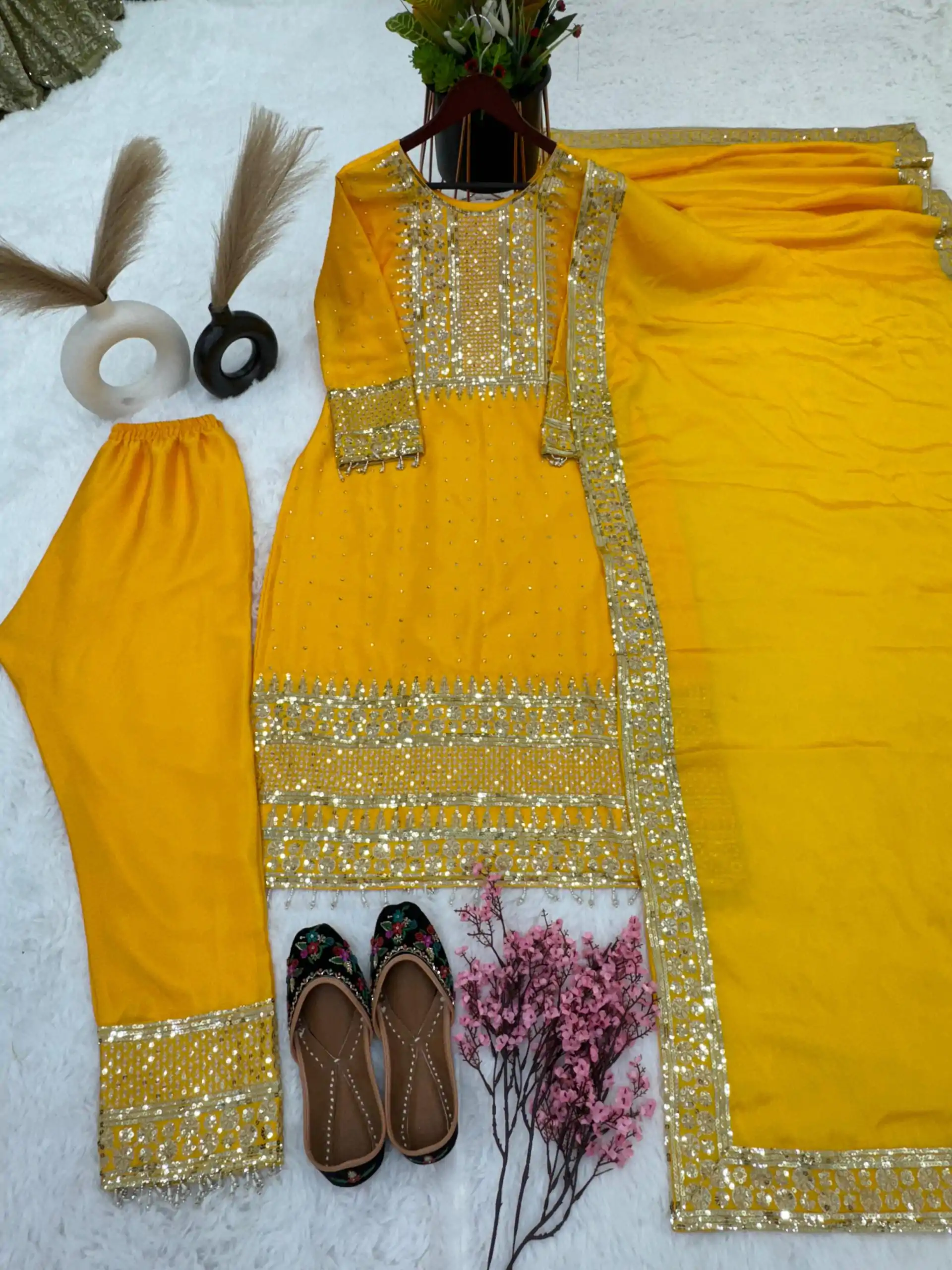 ZF 371 Yellow Color Chinnon Silk Embroidery Salwar Suit Casual, Wedding, Party, Events Etc. Expected Delivery 4-6 Working Days 2099/- | Jump Suits, Salwar suit, Designer Suits, Casual Suits, Creative suits, Palazzo Suits, Party Wear Suits, Patiala Suits, Straight Suits